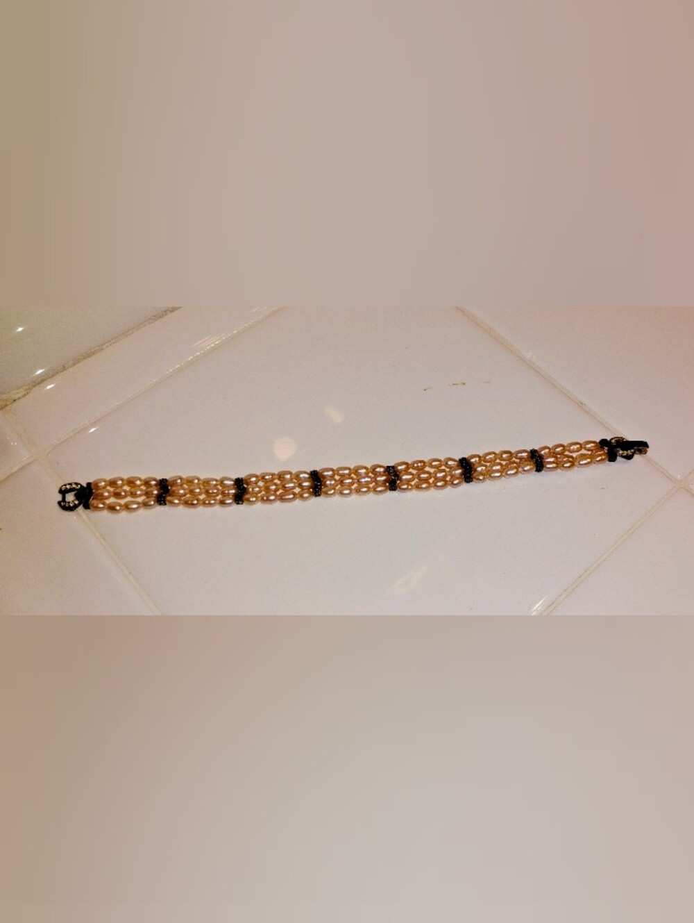 Antique Vintage Gold Pearl Multi-Strand Bracelet with Black Accents - Picture 2 of 2
